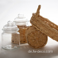 Rattan verpackte Platte und 2pcs Mason Jarglas